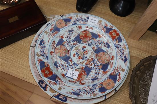 Two Chinese Imari chargers, Kangxi period, one restored